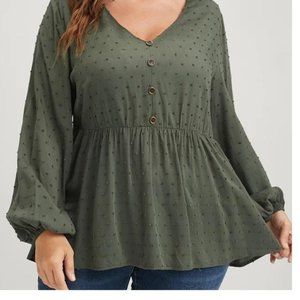 Olive Green Button Detail Lantern Sleeve Blouse Size 18-20